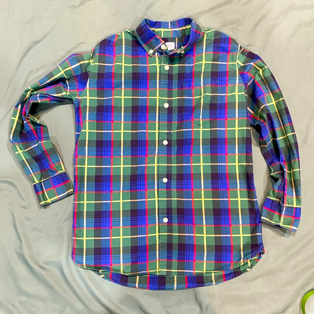 Gap Plaid Button Down Longsleeve Shirt- green/blue/red; Boys size 14/16 XXL